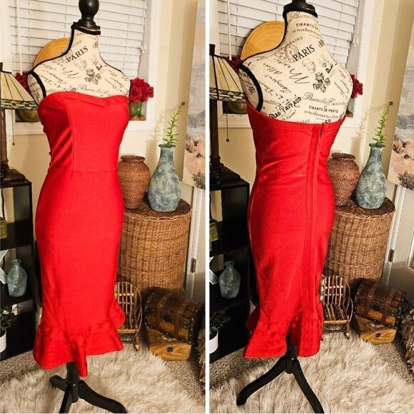Sexy Red Strapless Frill Hem Bandage Midi Dress.